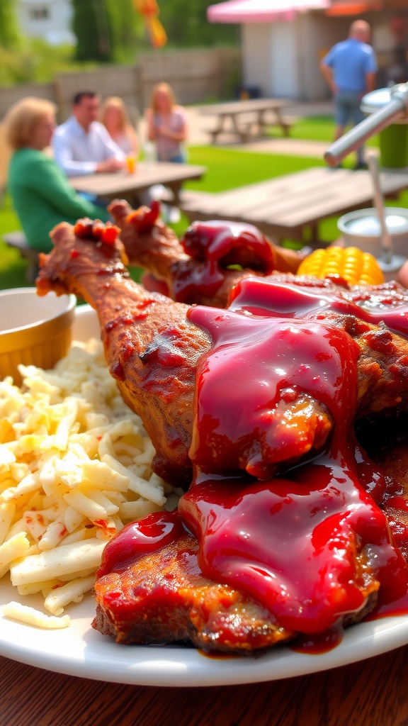 Grilled barbecue chicken with coleslaw and corn on the cob in a sunny backyard.